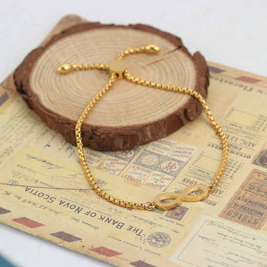 Picture of 316 Stainless Steel Adjustable Slider/ Slide Bolo Bracelets Gold Plated Infinity Symbol 26.5cm(10 3/8") long, 6 PCs