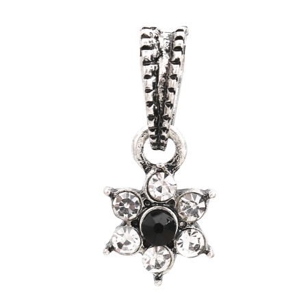 5 PCs Zinc Based Alloy Charm Pendant Antique Silver Color Flower Black Rhinestone 20mm x 9mm