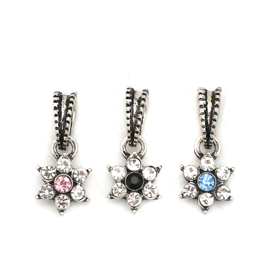 Imagen de 5 Unidades Zamak Colgantes Charms Plata Antigua Flor Negro Rhinestone) 20mm x 9mm
