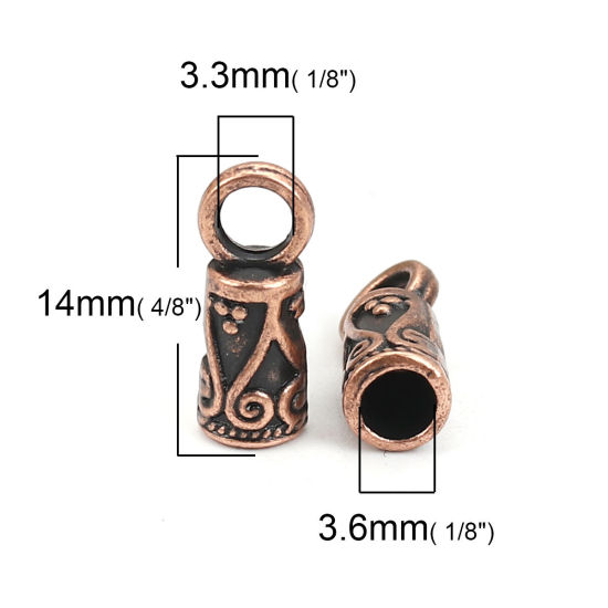 Bild von Zinklegierung Schnur Endkappen für Halskette oder Armband Zylinder Rotkupferfarbe geschnitzt (für 3.6mm Schnur) 14mm x 6mm, 100 Stück