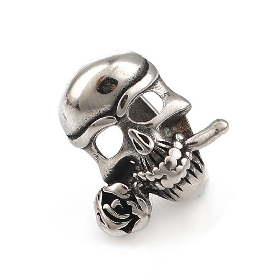 Picture of 316 Stainless Steel Casting Beads Skull Antique Silver Color Rose Flower 16mm x 15mm, Hole: Approx 12.5mm x 6.5mm, 1 Piece