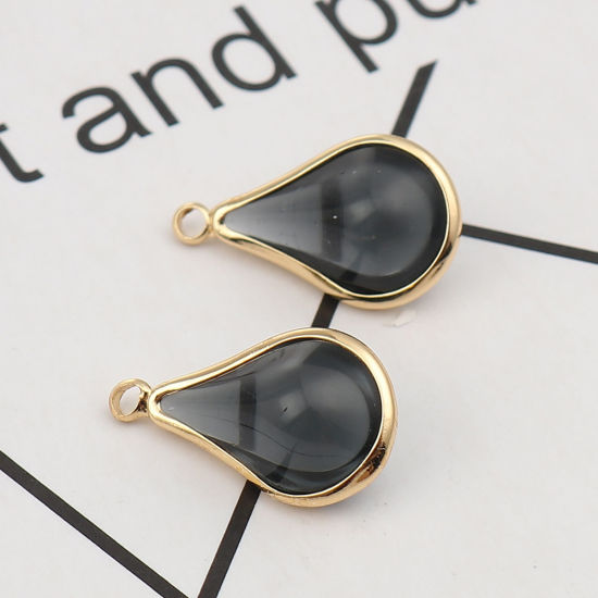 Picture of Brass & Glass Charms Drop Gold Plated Black 18mm x 10mm, 5 PCs                                                                                                                                                                                                