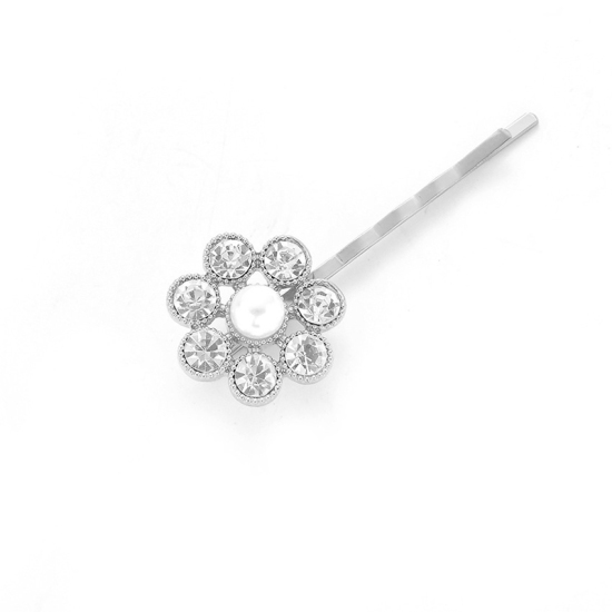 Picture of Hair Clips Silver Plated Flower Clear Rhinestone 6cm x 2.5cm, 2 PCs