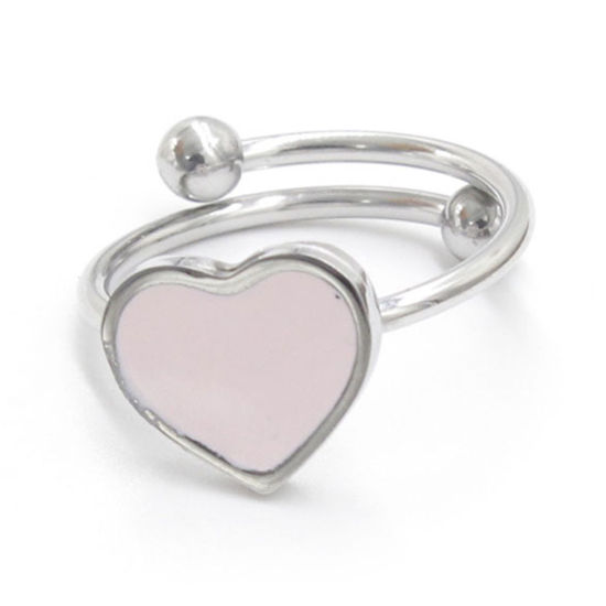 Picture of 304 Stainless Steel Enamel Open Adjustable Rings Silver Tone Light Pink Heart 16.1mm( 5/8")(US Size 5.5), 1 Piece