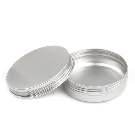 Picture of 100g Aluminum Cream Jar Container Empty Round Silver Tone 8.3cm(3 2/8") Dia., 4 PCs