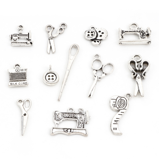 Image de Pendentifs en Alliage de Zinc Mixte Outils Argent Vieilli 3.9x0.6cm - 1.4x1.4cm, 1 Kit (12 Pcs/Kit)