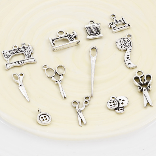 Image de Pendentifs en Alliage de Zinc Mixte Outils Argent Vieilli 3.9x0.6cm - 1.4x1.4cm, 1 Kit (12 Pcs/Kit)