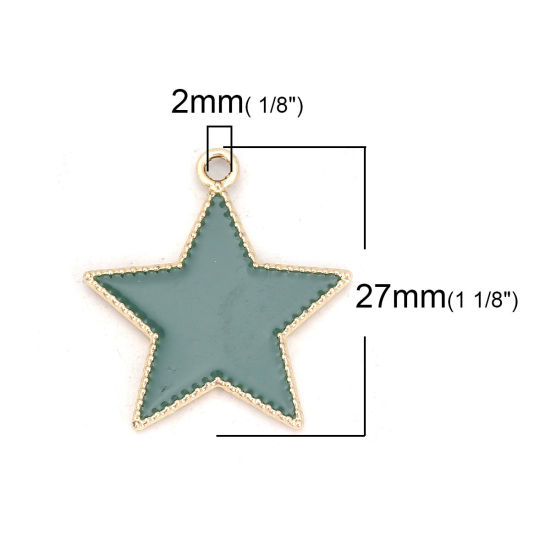 Imagen de Zamak Colgantes Charms Estrellas de cinco puntos Chapado en Oro Verde Esmalte 27mm x 25mm, 10 Unidades