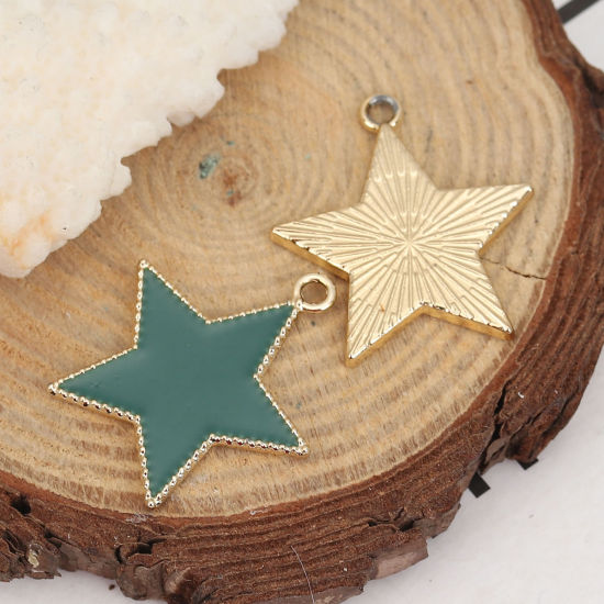 Imagen de Zamak Colgantes Charms Estrellas de cinco puntos Chapado en Oro Verde Esmalte 27mm x 25mm, 10 Unidades
