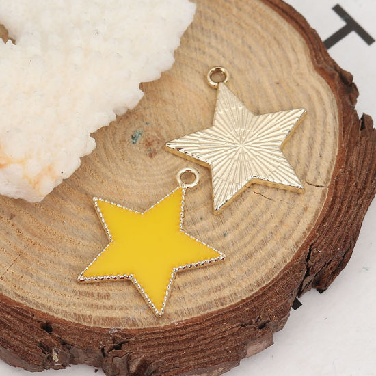 Imagen de Zamak Colgantes Charms Estrellas de cinco puntos Chapado en Oro Amarillo Esmalte 27mm x 25mm, 10 Unidades