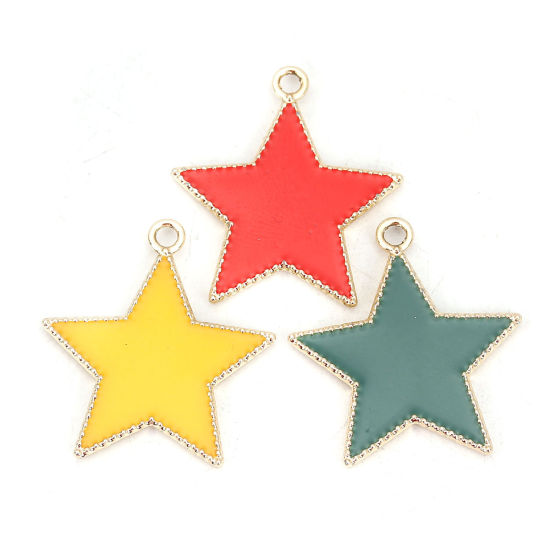 Imagen de Zamak Colgantes Charms Estrellas de cinco puntos Chapado en Oro Amarillo Esmalte 27mm x 25mm, 10 Unidades