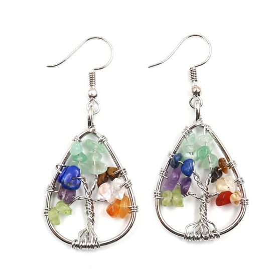 Picture of Stone ( Natural ) Earrings Silver Tone Multicolor Drop Tree 36mm(1 3/8") x 24mm, 1 Pair