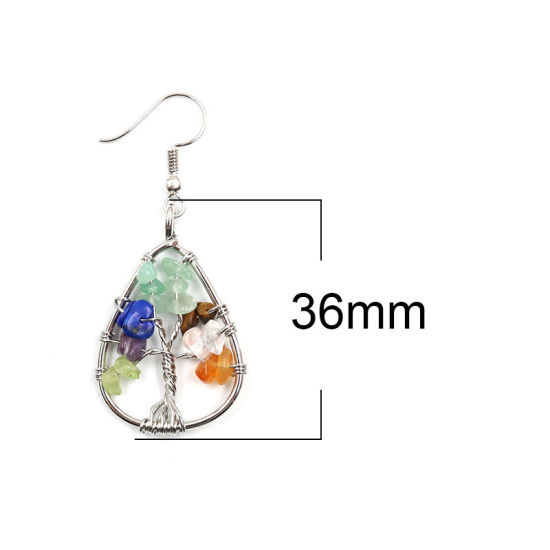 Picture of Stone ( Natural ) Earrings Silver Tone Multicolor Drop Tree 36mm(1 3/8") x 24mm, 1 Pair