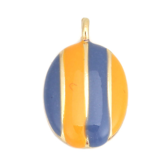 Immagine di Lega di Zinco Charms Ovale Oro Placcato Blu & Arancione Striscia Smalto 25mm x 15mm , 5 Pz