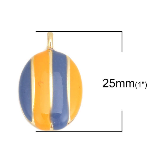 Immagine di Lega di Zinco Charms Ovale Oro Placcato Blu & Arancione Striscia Smalto 25mm x 15mm , 5 Pz