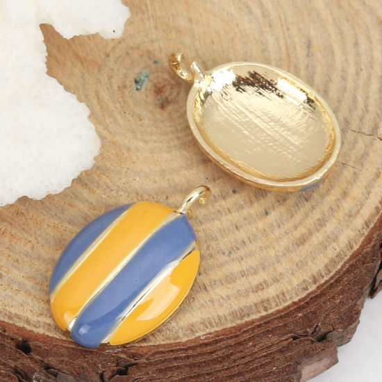 Immagine di Lega di Zinco Charms Ovale Oro Placcato Blu & Arancione Striscia Smalto 25mm x 15mm , 5 Pz