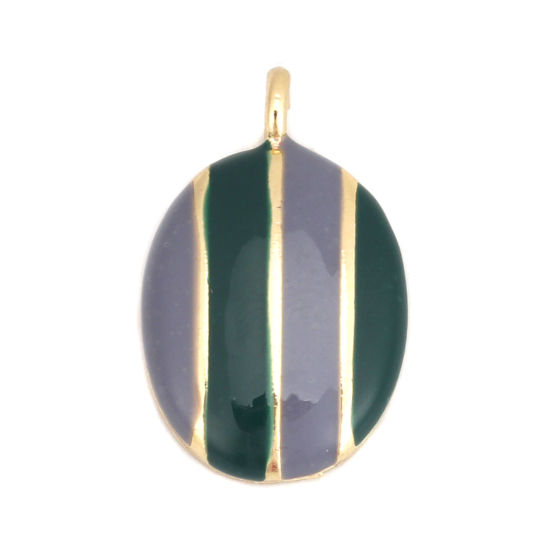 Immagine di Lega di Zinco Charms Ovale Oro Placcato Grigio & Verde Scuro Striscia Smalto 25mm x 15mm , 5 Pz