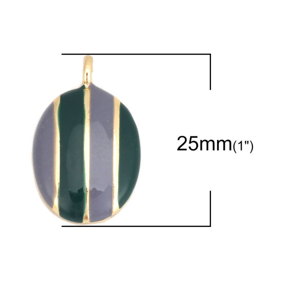 Immagine di Lega di Zinco Charms Ovale Oro Placcato Grigio & Verde Scuro Striscia Smalto 25mm x 15mm , 5 Pz