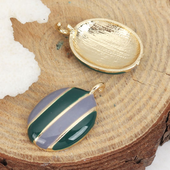 Immagine di Lega di Zinco Charms Ovale Oro Placcato Grigio & Verde Scuro Striscia Smalto 25mm x 15mm , 5 Pz