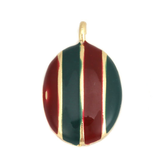 Immagine di Lega di Zinco Charms Ovale Oro Placcato Rosso & Verde Striscia Smalto 25mm x 15mm , 5 Pz