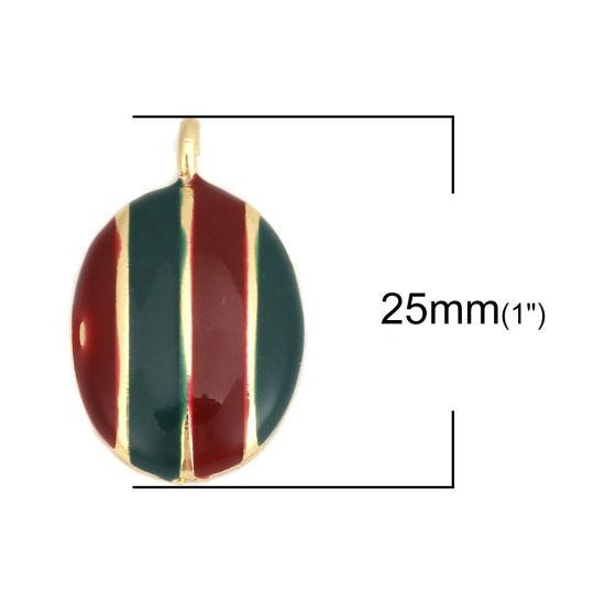 Immagine di Lega di Zinco Charms Ovale Oro Placcato Rosso & Verde Striscia Smalto 25mm x 15mm , 5 Pz