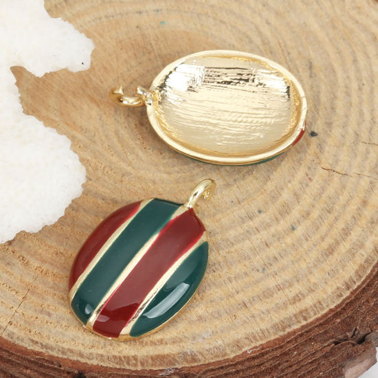 Immagine di Lega di Zinco Charms Ovale Oro Placcato Rosso & Verde Striscia Smalto 25mm x 15mm , 5 Pz
