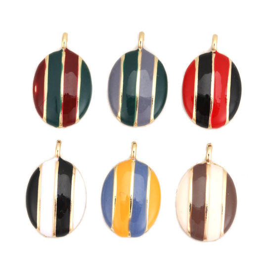 Immagine di Lega di Zinco Charms Ovale Oro Placcato Rosso & Verde Striscia Smalto 25mm x 15mm , 5 Pz