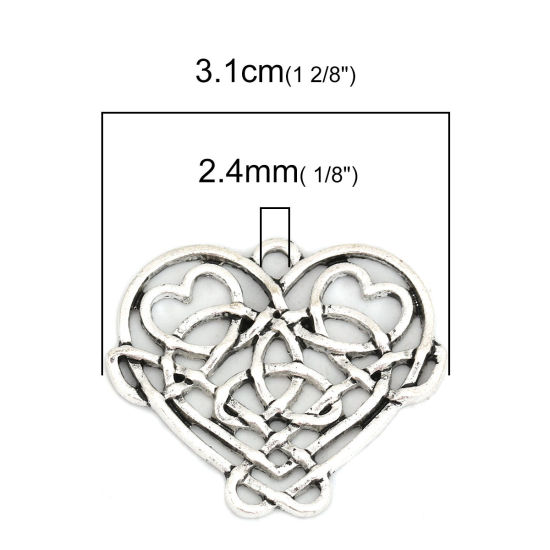 Bild von Zinklegierung Keltischer Knoten Anhänger Herz Antiksilber Hohl 31mm x 26mm, 10 Stück