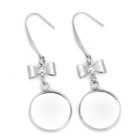Image de Boucles d'Oreilles en 316 Acier Inoxydable Nœuds Papillon Argent Mat Rond Cabochon Rapportable (Adapté à 16mm Dia ) 52mm x 18mm, Epaisseur de Fil: (21 gauge), 6 Pcs