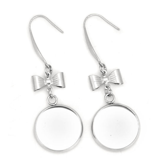Picture of 316 Stainless Steel Earrings Bowknot Silver Tone Round Cabochon Settings (Fits 16mm Dia.) 52mm(2") x 18mm( 6/8"), Post/ Wire Size: (21 gauge), 6 PCs