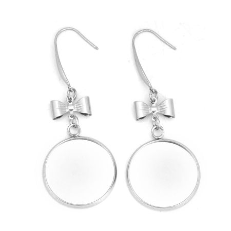 Image de Boucles d'Oreilles en 316 Acier Inoxydable Nœuds Papillon Argent Mat Rond Cabochon Rapportable (Adapté à 20mm Dia ) 55mm x 22mm, Epaisseur de Fil: (21 gauge), 6 Pcs