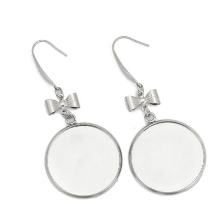 Picture of 316 Stainless Steel Earrings Bowknot Silver Tone Round Cabochon Settings (Fits 25mm Dia.) 63mm(2 4/8") x 27mm(1 1/8"), Post/ Wire Size: (21 gauge), 6 PCs