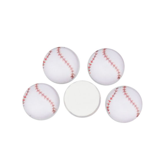 Picture of Glass Dome Seals Cabochon Round Flatback White Baseball Pattern 12mm( 4/8") Dia, 40 PCs