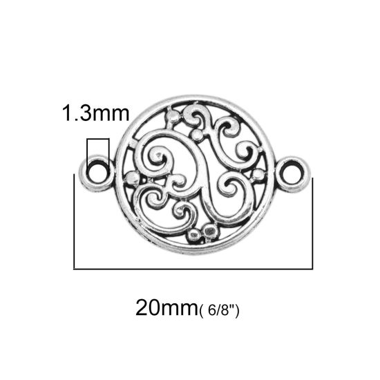 Изображение Цинковый Сплав Коннекторы фурнитуры Круглые Античное Серебро Ажурный Цветок С узором 20мм x 14мм, 100 ШТ