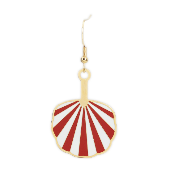 Immagine di 304 Acciaio Inossidabile Smalto Orecchino Oro Placcato Bianco & Rosso Ventilatore 53mm x 25mm, Posta / Filo Dimensione: (21 misura), 1 Paio