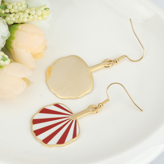 Immagine di 304 Acciaio Inossidabile Smalto Orecchino Oro Placcato Bianco & Rosso Ventilatore 53mm x 25mm, Posta / Filo Dimensione: (21 misura), 1 Paio