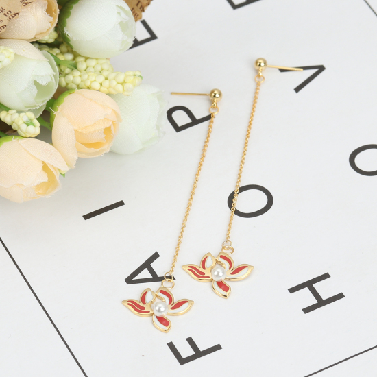 Picture of 304 Stainless Steel Enamel Earrings Gold Plated Red Flower Imitation Pearl 88mm x 19mm, Post/ Wire Size: (21 gauge), 1 Pair