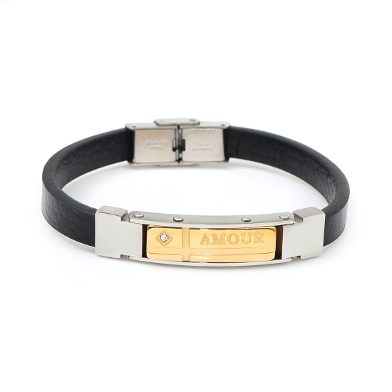 Bild von 304 Edelstahl & Echtes Leder Armband Vergoldet & Silberfarbe Schwarz Rechteck Message " Amour " Transparent Strass 21.2cm lang, 1 Strang