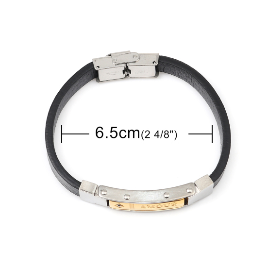 Bild von 304 Edelstahl & Echtes Leder Armband Vergoldet & Silberfarbe Schwarz Rechteck Message " Amour " Transparent Strass 21.2cm lang, 1 Strang