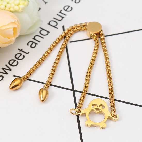 Imagen de 304 Acero Inoxidable Ajustable Slider/ Slide Pulsera Chapado en Oro Pingüino 26.3cm - 25.3cm longitud, 50 Unidades