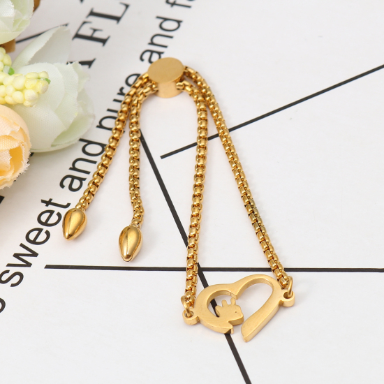 Immagine di 304 Acciaio Inossidabile Slider Regolabile Bolo Bracciale / Presentazione Oro Placcato Cuore 26.3cm - 25.3cm Lunghezza, 1 Pz