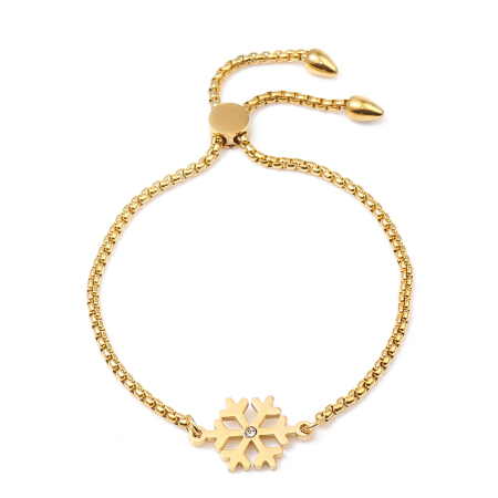 304 Edelstahl Weihnachten Einstellbares Slider/ Slide Armband Schieberarmband Vergoldet Weihnachten Schneeflocke Transparent Strass 26.3cm - 25.3cm lang, 1 Strang