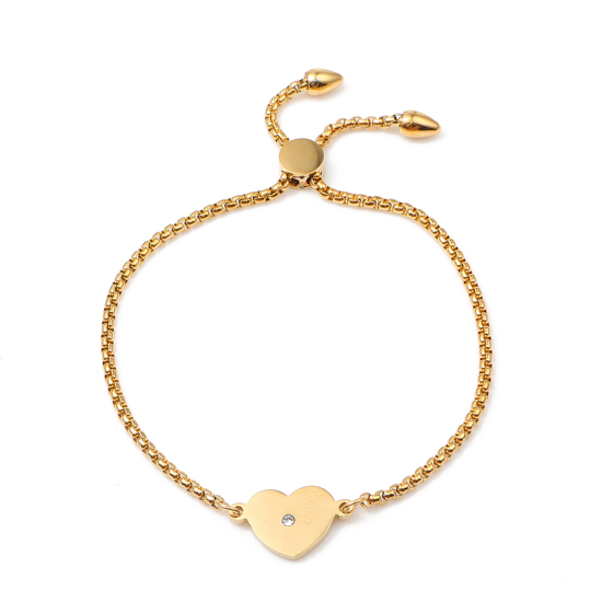 Imagen de 304 Acero Inoxidable Ajustable Slider/ Slide Pulsera Chapado en Oro Corazón Transparente Rhinestone 26.3cm - 25.3cm longitud, 50 Unidades