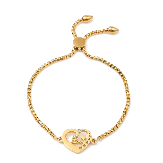 Imagen de 304 Acero Inoxidable Ajustable Slider/ Slide Pulsera Chapado en Oro Corazón " Amor " Transparente Rhinestone 26.3cm - 25.3cm longitud, 50 Unidades