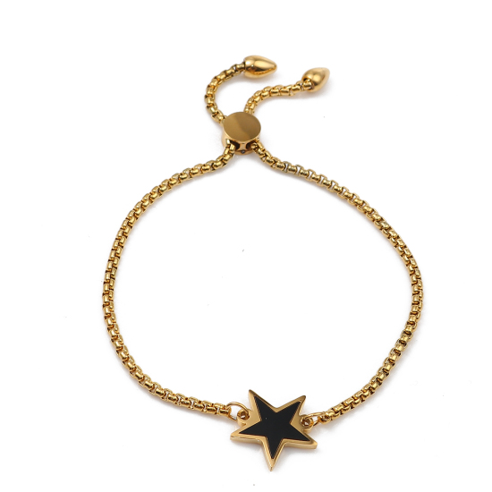 Imagen de 304 Acero Inoxidable Ajustable Slider/ Slide Pulsera Chapado en Oro Negro Estrellas de cinco puntos 26.3cm - 25.3cm longitud, 1 Unidad