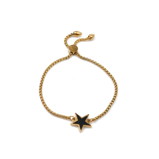 Imagen de 304 Acero Inoxidable Ajustable Slider/ Slide Pulsera Chapado en Oro Negro Estrellas de cinco puntos 26.3cm - 25.3cm longitud, 1 Unidad
