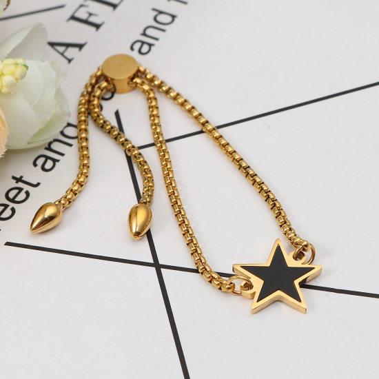 Imagen de 304 Acero Inoxidable Ajustable Slider/ Slide Pulsera Chapado en Oro Negro Estrellas de cinco puntos 26.3cm - 25.3cm longitud, 1 Unidad