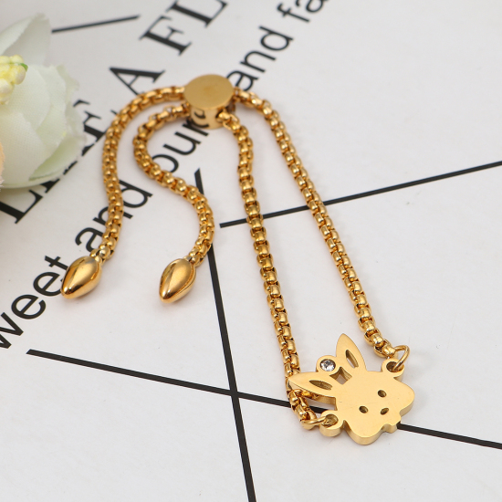 Imagen de 304 Acero Inoxidable Ajustable Slider/ Slide Pulsera Chapado en Oro Conejo Transparente Rhinestone 26.3cm - 25.3cm longitud, 50 Unidades