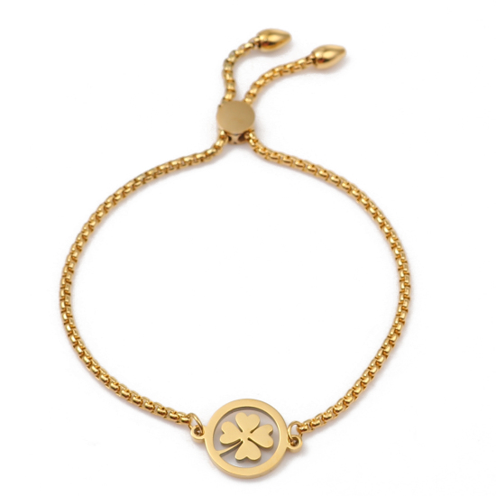 Immagine di 304 Acciaio Inossidabile Slider Regolabile Bolo Bracciale / Presentazione Oro Placcato Tondo Foglia di Trifoglio 26.3cm - 25.3cm Lunghezza, 1 Pz