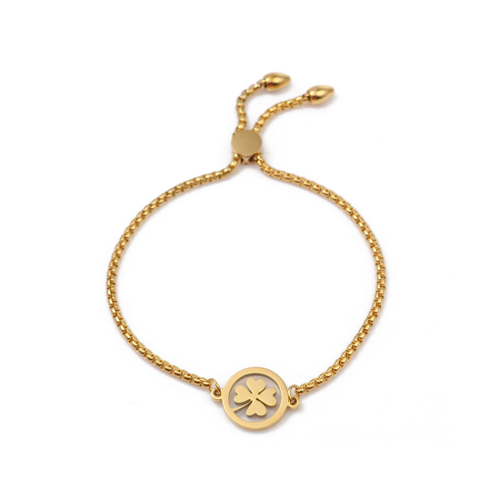 Immagine di 304 Acciaio Inossidabile Slider Regolabile Bolo Bracciale / Presentazione Oro Placcato Tondo Foglia di Trifoglio 26.3cm - 25.3cm Lunghezza, 1 Pz